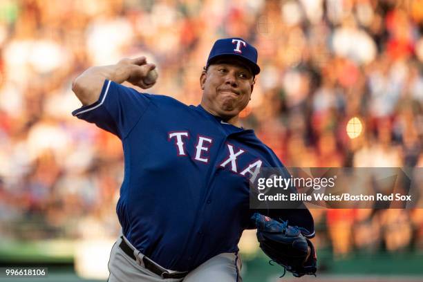 Bartolo Colon of the Texas Rangers delivers during the first inning of a game against the Boston Red Sox on July 11, 2018 at Fenway Park in Boston,...