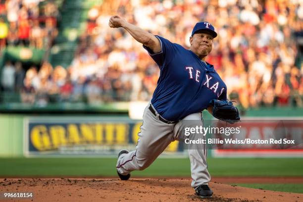 Bartolo Colon of the Texas Rangers delivers during the first inning of a game against the Boston Red Sox on July 11, 2018 at Fenway Park in Boston,...