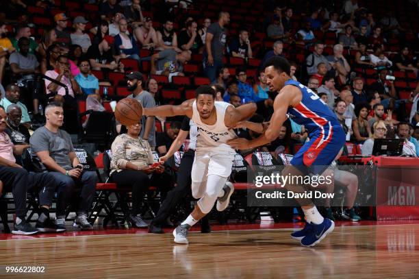 Isaiah Cousins of the Minnesota Timberwolves handles the ball against the Detroit Pistons during the 2018 Las Vegas Summer League on July 11, 2018 at...