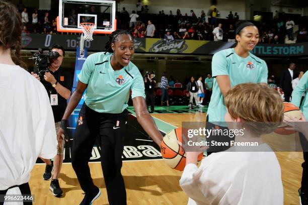 Tina Charles of the New York Liberty greets young fan on the court before the game against the Seattle Storm on July 3, 2018 at Westchester County...