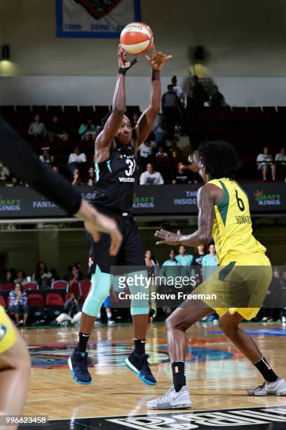 Tina Charles of the New York Liberty shoots the ball against the Seattle Storm on July 3, 2018 at Westchester County Center in White Plains, New...