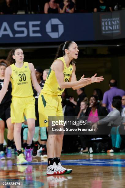 Sue Bird of the Seattle Storm reacts during the game against the New York Liberty on July 3, 2018 at Westchester County Center in White Plains, New...