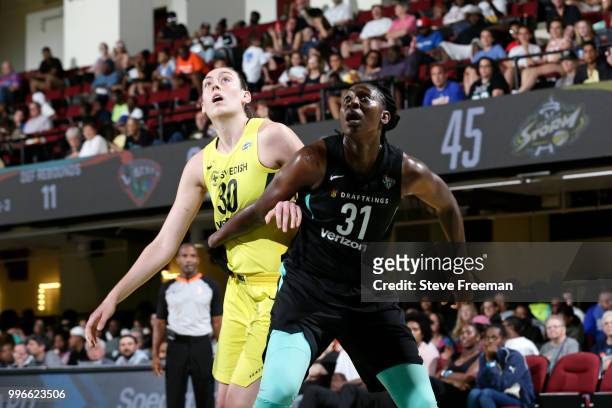 Breanna Stewart of the Seattle Storm and Tina Charles of the New York Liberty wait for the ball on July 3, 2018 at Westchester County Center in White...