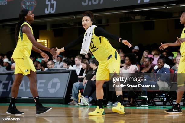 Alysha Clark of the Seattle Storm celebrates during the game against the New York Liberty on July 3, 2018 at Westchester County Center in White...