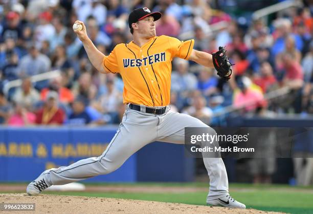 Beau Burrows of the Western Division All-Stars pitches in the second inning during the 2018 Eastern League All Star Game at Arm & Hammer Park on July...