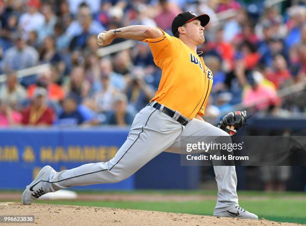 Beau Burrows of the Western Division All-Stars pitches in the second inning during the 2018 Eastern League All Star Game at Arm & Hammer Park on July...