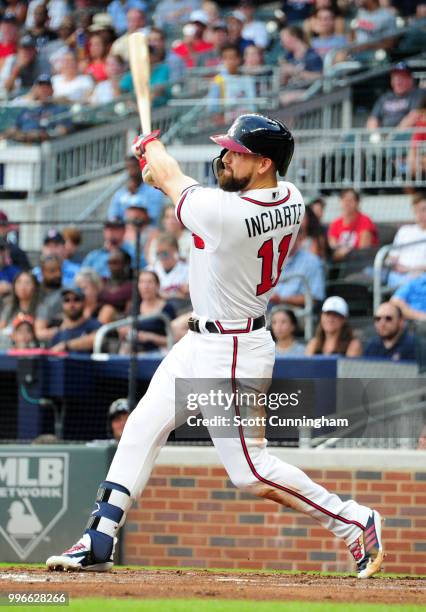 Ender Inciarte of the Atlanta Braves hits an RBI double in the second inning against the Toronto Blue Jays at SunTrust Park on July 11, 2018 in...