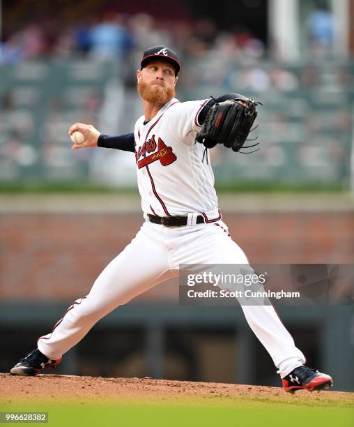 Mike Foltynewicz of the Atlanta Braves pitches in the second inning against the Toronto Blue Jays at SunTrust Park on July 11, 2018 in Atlanta,...