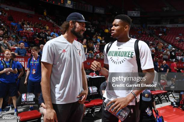 Robin Lopez of the the Chicago Bulls and Giannis Antetokounmpo of the the Milwaukee Bucks enjoy the game during the 2018 Las Vegas Summer League on...