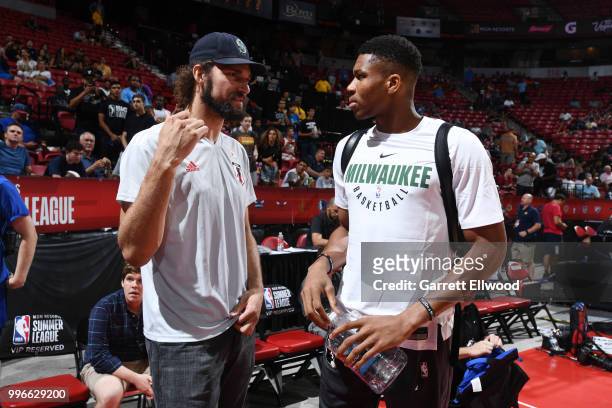 Robin Lopez of the the Chicago Bulls and Giannis Antetokounmpo of the the Milwaukee Bucks enjoy the game during the 2018 Las Vegas Summer League on...