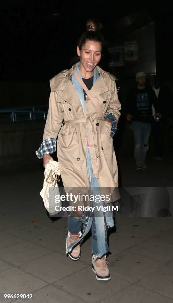 Jessica Biel seen arriving at Embankment Pier on July 11, 2018 in London, England.