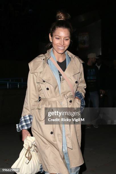 Jessica Biel seen arriving at Embankment Pier on July 11, 2018 in London, England.