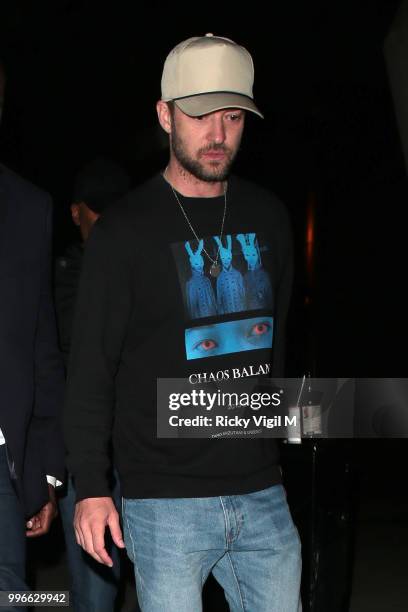 Justin Timberlake seen arriving at Embankment Pier after performing at the O2 on July 11, 2018 in London, England.