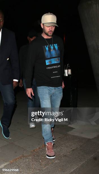 Justin Timberlake seen arriving at Embankment Pier after performing at the O2 on July 11, 2018 in London, England.