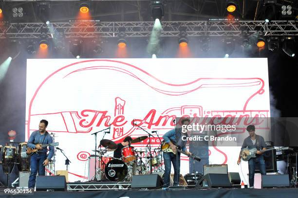 Zac Sokolow, Patrick Ferris and Jake Faulkner of The Americans perform on stage at Kew The Music at Kew Gardens on July 11, 2018 in London, England.