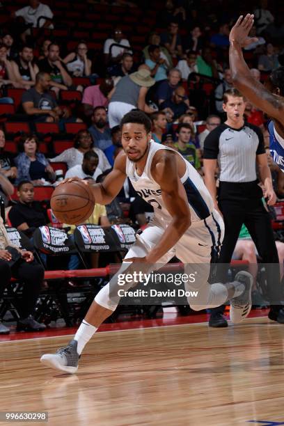 Isaiah Cousins of the Minnesota Timberwolves handles the ball against the Detroit Pistons during the 2018 Las Vegas Summer League on July 11, 2018 at...