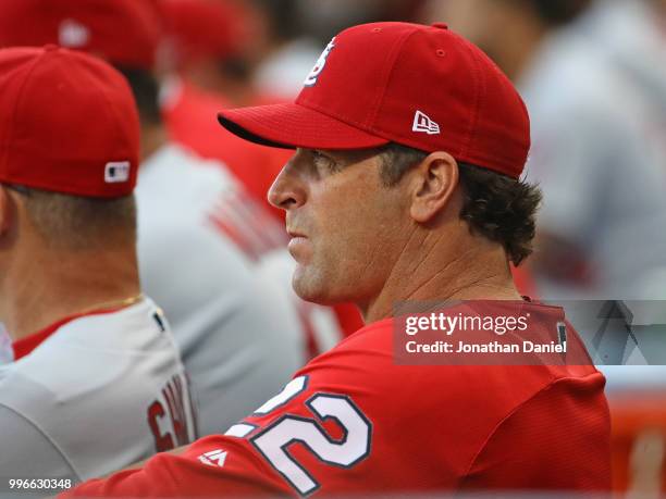 Manager Mike Matheny of the St. Louis Cardinals watches as his team takes on the Chicago White Sox at Guaranteed Rate Field on July 11, 2018 in...