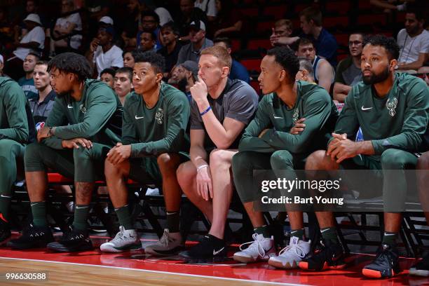 Donte DiVincenzo of the Milwaukee Bucks looks on during the game against the Denver Nuggets during the 2018 Las Vegas Summer League on July 9, 2018...