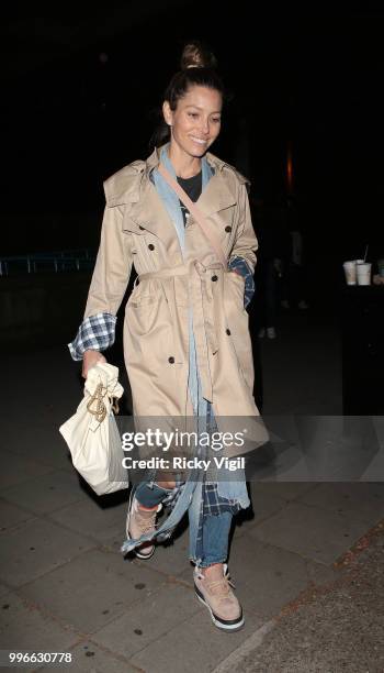 Jessica Biel seen arriving at Embankment Pier on July 11, 2018 in London, England.