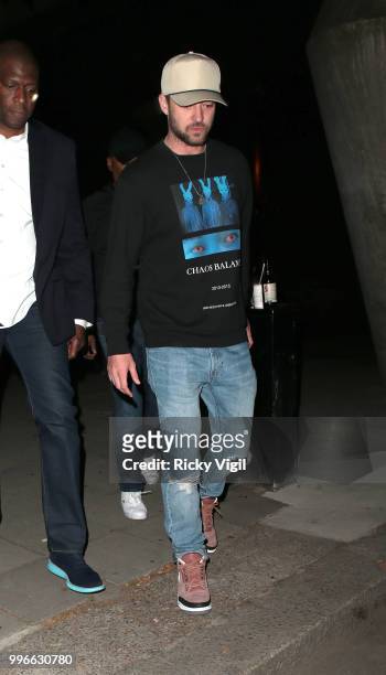 Justin Timberlake seen arriving at Embankment Pier after performing at the O2 on July 11, 2018 in London, England.