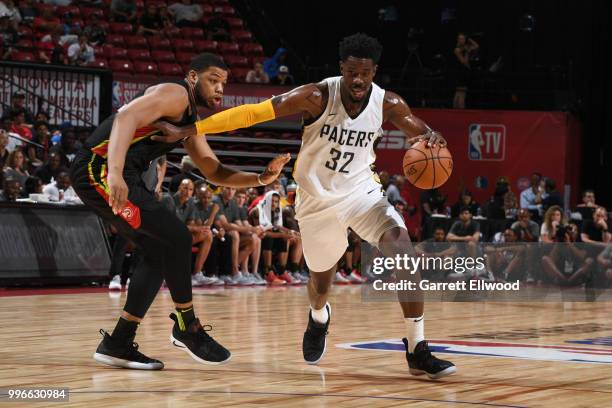 Henry Sims of the Indiana Pacers handles the ball against the Atlanta Hawks during the 2018 Las Vegas Summer League on July 11, 2018 at the Thomas &...