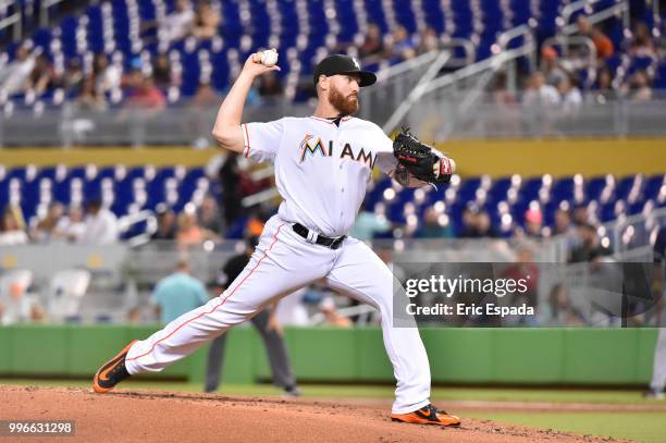 Dan Straily of the Miami Marlins throws a pitch during the second inning of the game against the Milwaukee Brewers at Marlins Park on July 11, 2018...