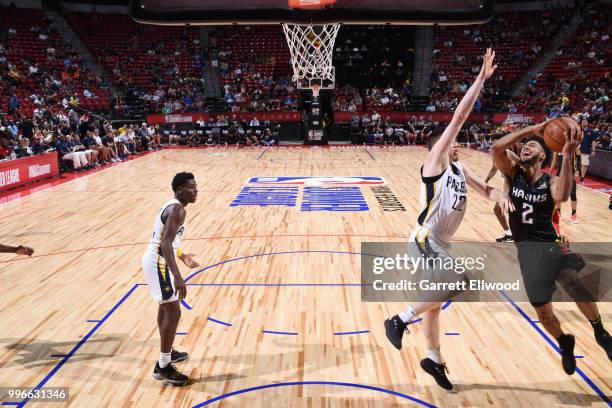 Tyler Dorsey of the Atlanta Hawks shoots the ball against the Indiana Pacers during the 2018 Las Vegas Summer League on July 11, 2018 at the Thomas &...