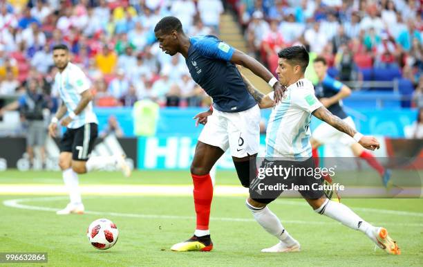 Paul Pogba of France, Manuel Lanzini of Argentina during the 2018 FIFA World Cup Russia Round of 16 match between France and Argentina at Kazan Arena...