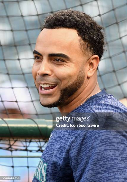 Seattle Mariners designated hitter Nelson Cruz on the field during batting practice before a game against the Los Angeles Angels of Anaheim played on...