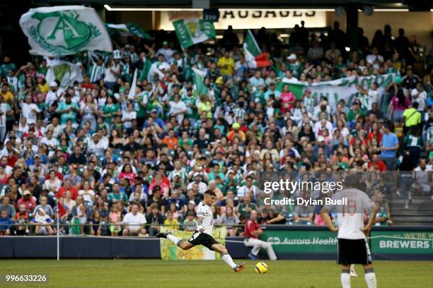 Victor Guzman of CF Pachuca attempts a free kick in the first half against Club Leon at Miller Park on July 11, 2018 in Milwaukee, Wisconsin.