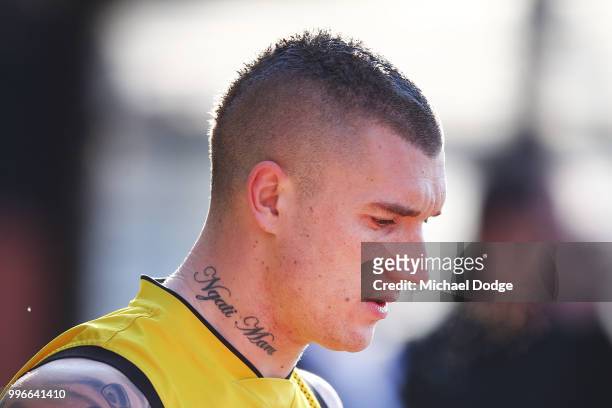 Dustin Martin of the Tigers arrives during a Richmond Tigers AFL training session at Punt Road Oval on July 12, 2018 in Melbourne, Australia.