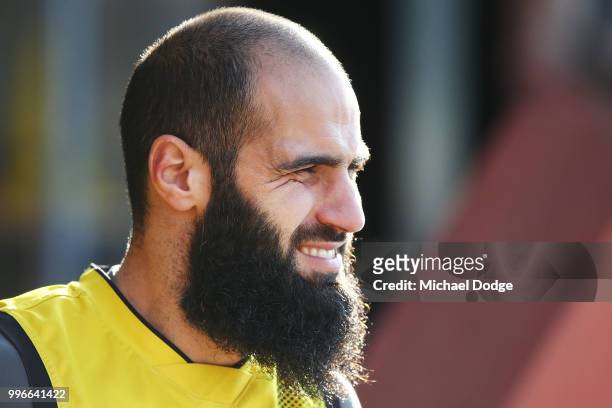 Bachar Houli of the Tigers, tipped by coach Damien Hardwick to return, looks upfield during a Richmond Tigers AFL training session at Punt Road Oval...