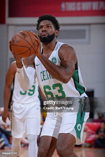 Hassan Martin of the Boston Celtics shoots a free throw against the Charlotte Hornets during the 2018 Las Vegas Summer League on July 9, 2018 at the...