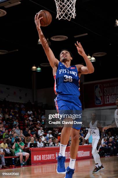 Reggie Hearn of the Detroit Pistons shoots the ball against the Minnesota Timberwolves during the 2018 Las Vegas Summer League on July 11, 2018 at...