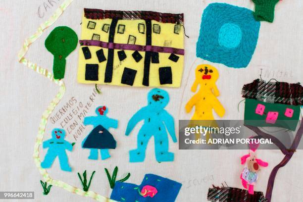 An Arpillera -a quilt-like form of popular art that tells a story- designed by women displaced from their communities in the Andes during Peru's...