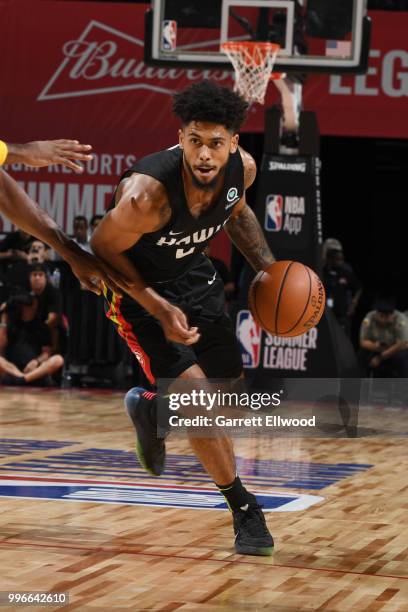 Tyler Dorsey of the Atlanta Hawks handles the ball against the Indiana Pacers during the 2018 Las Vegas Summer League on July 11, 2018 at the Thomas...