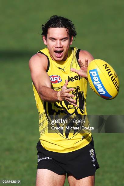 Daniel Rioli of the Tigers marks the ball during a Richmond Tigers AFL training session at Punt Road Oval on July 12, 2018 in Melbourne, Australia.