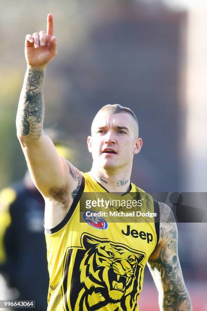 Dustin Martin of the Tigers gestures during a Richmond Tigers AFL training session at Punt Road Oval on July 12, 2018 in Melbourne, Australia.