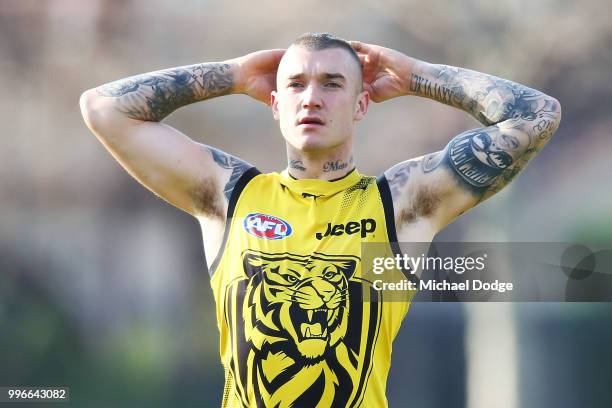 Dustin Martin of the Tigers looks upfield during a Richmond Tigers AFL training session at Punt Road Oval on July 12, 2018 in Melbourne, Australia.