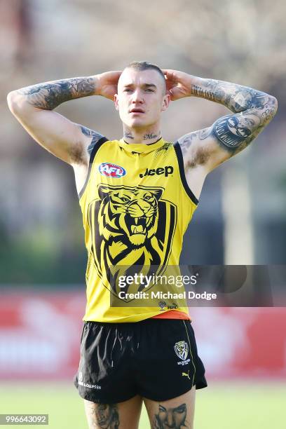 Dustin Martin of the Tigers looks upfield during a Richmond Tigers AFL training session at Punt Road Oval on July 12, 2018 in Melbourne, Australia.