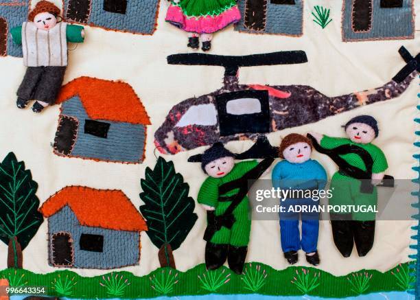 An Arpillera -a quilt-like form of popular art that tells a story- designed by women displaced from their communities in the Andes during Peru's...