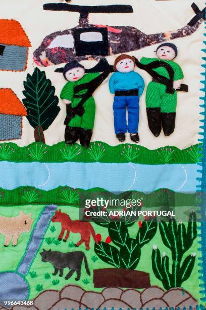 An Arpillera -a quilt-like form of popular art that tells a story- designed by women displaced from their communities in the Andes during Peru's...