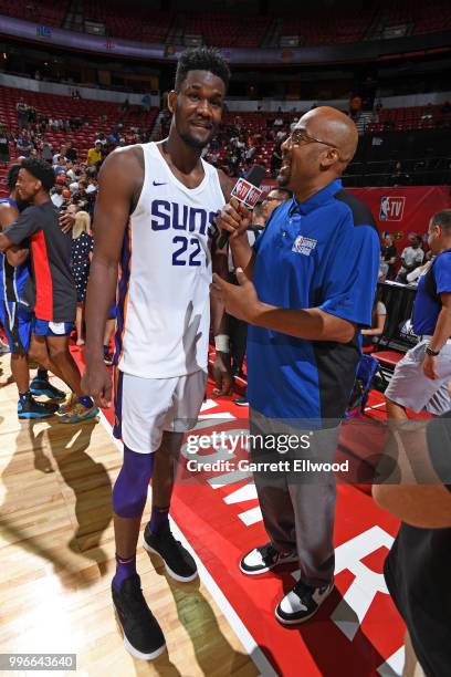 Deandre Ayton of the Phoenix Suns talks with media after the game against the Orlando Magic during the 2018 Las Vegas Summer League on July 9, 2018...