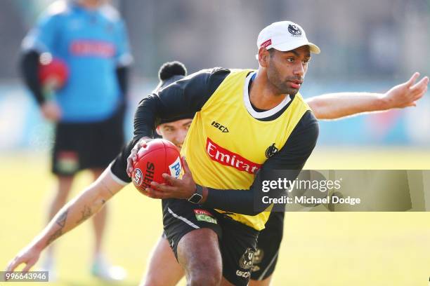 Travis Varcoe of the Magpies looks upfield during a Collingwood Magpies AFL press conference at the Holden Centre on July 12, 2018 in Melbourne,...