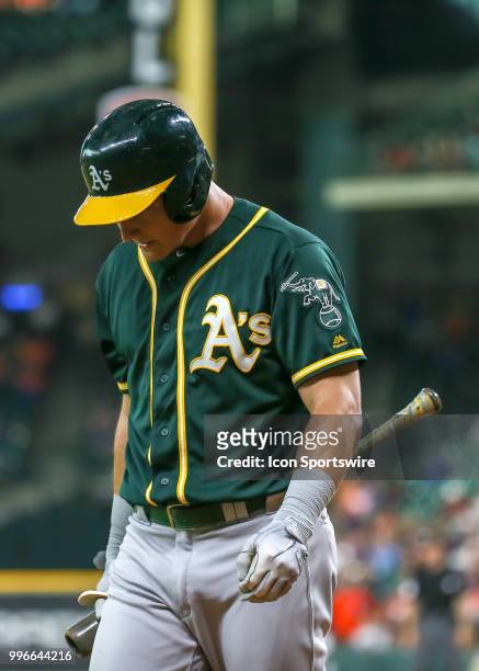 Oakland Athletics third baseman Matt Chapman reacts after striking out in the top of the third inning during the baseball game between the Oakland...