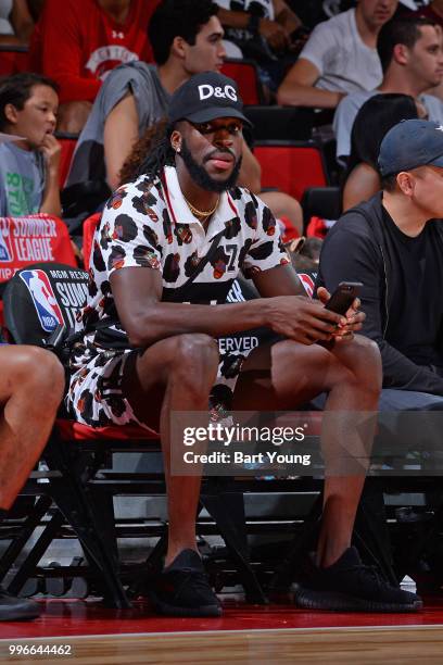 DeMarre Carroll of the Brooklyn Nets looks on during the game against the Minnesota Timberwolves during the 2018 Las Vegas Summer League on July 9,...