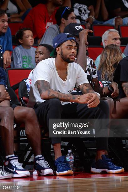 Angelo Russell of the the Brooklyn Nets looks on during the game against the Minnesota Timberwolves during the 2018 Las Vegas Summer League on July...