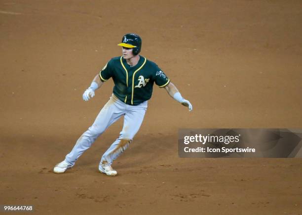 Oakland Athletics third baseman Matt Chapman watches the pitch in the top of the seventh inning during the baseball game between the Oakland...