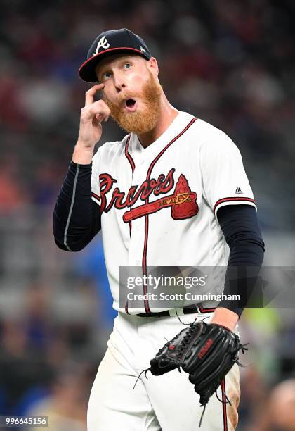 Pitcher Mike Foltynewicz of the Atlanta Braves leaves the game in the seventh inning against the Toronto Blue Jays at SunTrust Park on July 11, 2018...