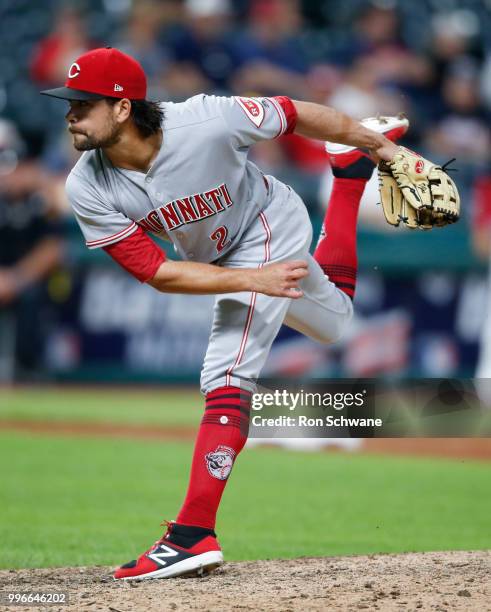 Alex Blandino of the Cincinnati Reds pitches against the Cleveland Indians during the eighth inning at Progressive Field on July 11, 2018 in...